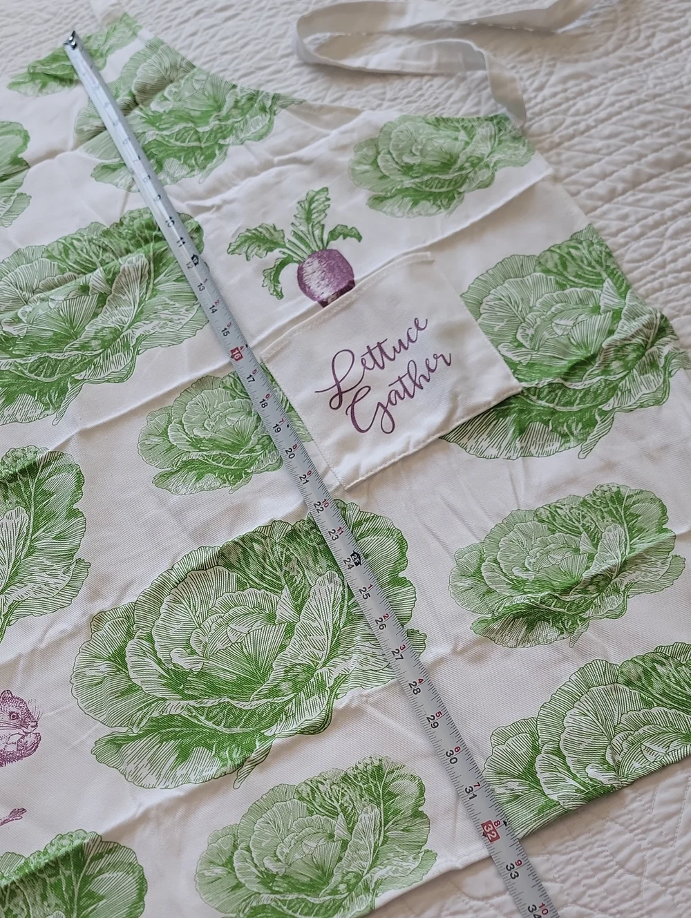White Garden Inspired Kitchen Apron with Green Lettuce Print - 